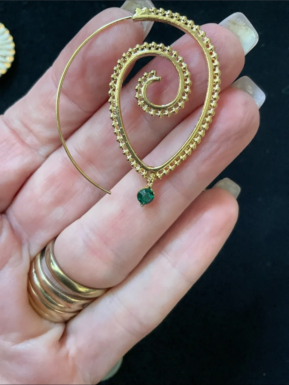 Gold Spiral Hoop Earrings with Green Gem Accent